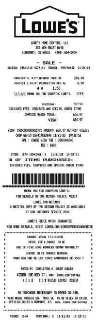 LOWES receipt template 2024