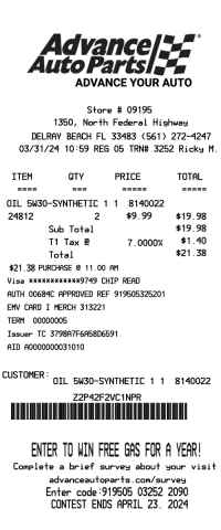 Advanced Auto Parts receipt 2024