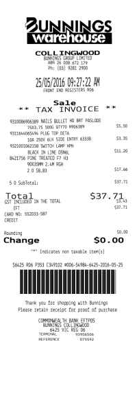 Bunning receipt template image