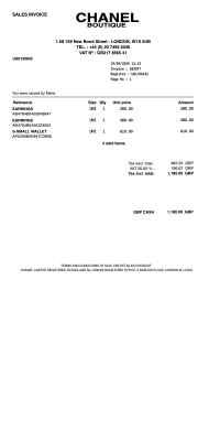 Chanel Boutique invoice receipt image