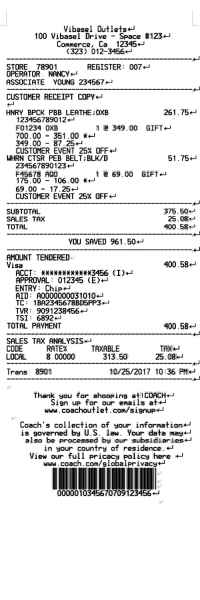 Coach outlet store receipt image