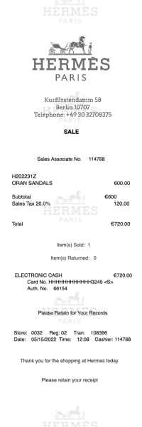 HERMES receipt template image