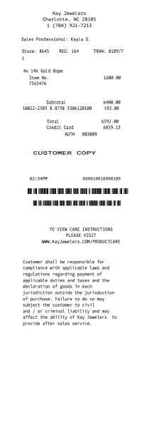 Kay Jewelers receipt template image