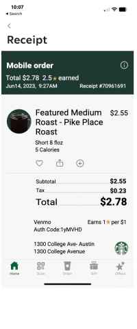 Starbucks mobile app receipt image