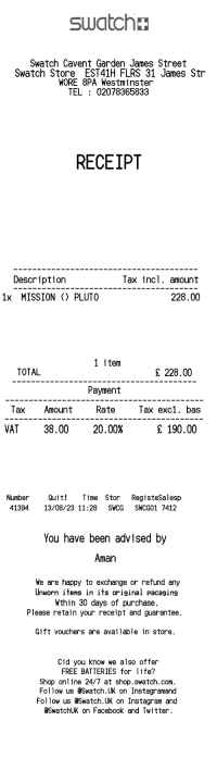 Swatch watch receipt template image