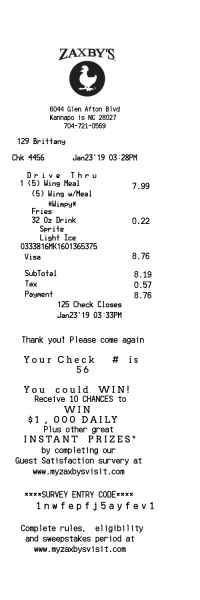 Zaxbys receipt template image