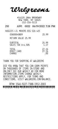 Walgreens Huggies receipt