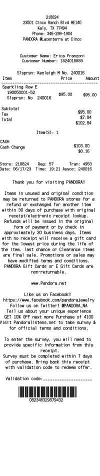 Pandora receipt template image