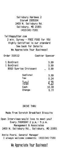 Hardees receipt template image