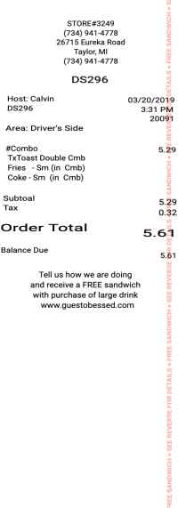 Checkers Rallys Fast Food Receipt template image