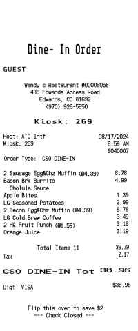 Wendys receipt template Dine In image