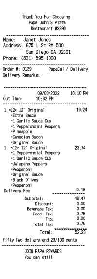 Papa Johns pizza receipt template image