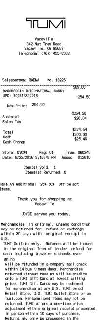 TUMI bags receipt template image