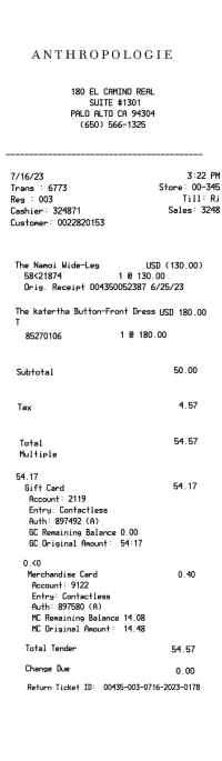 Anthropologie receipt template image