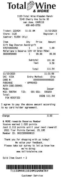 Total Wine receipt template image