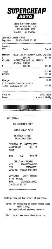 Supercheap Auto receipt template image