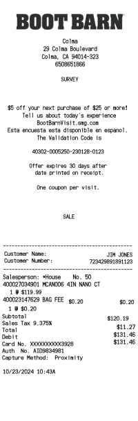 Boot Barn receipt template image