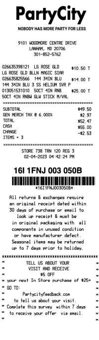 Party City receipt template image