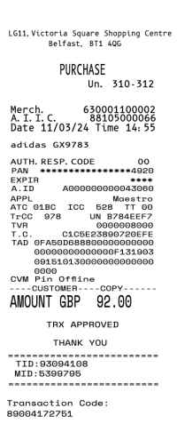 UK Ireland Retail Receipt template 