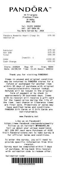 PANDORA receipt template image