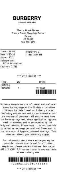 Burberry gift receipt USA image