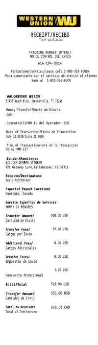 Western Union receipt recibo template