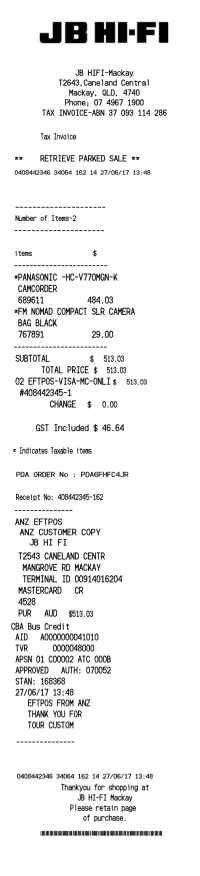 JB HI-FI receipt template Australia image