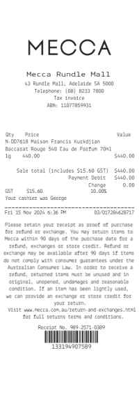 Mecca Australia receipt template