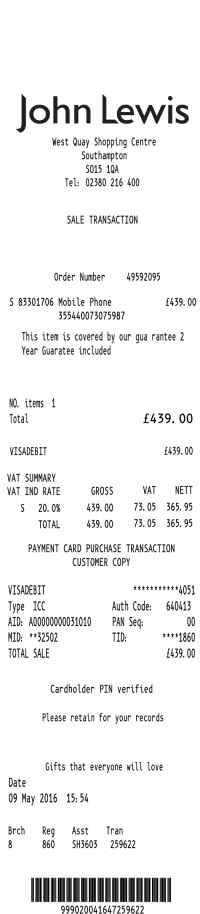 John Lewis receipt template image