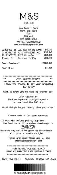 M&S receipt template image