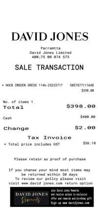 David Jone receipt template