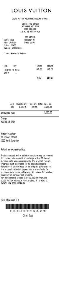 Louis Vuitton receipt template Australia cash image