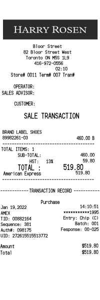 Harry Rosen receipt template Canada