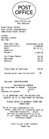 UK Post Office receipt template 2