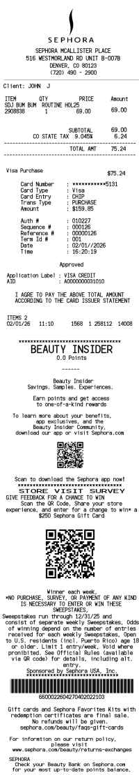 Sephora receipt template long
