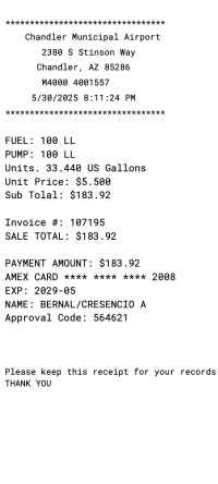 Aviation Fuel - FBO Receipt