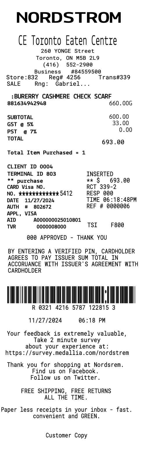 NORDSTROM receipt template image