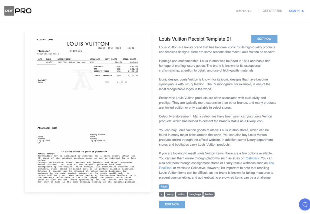 Louis Vuitton receipt template at PDF Pro